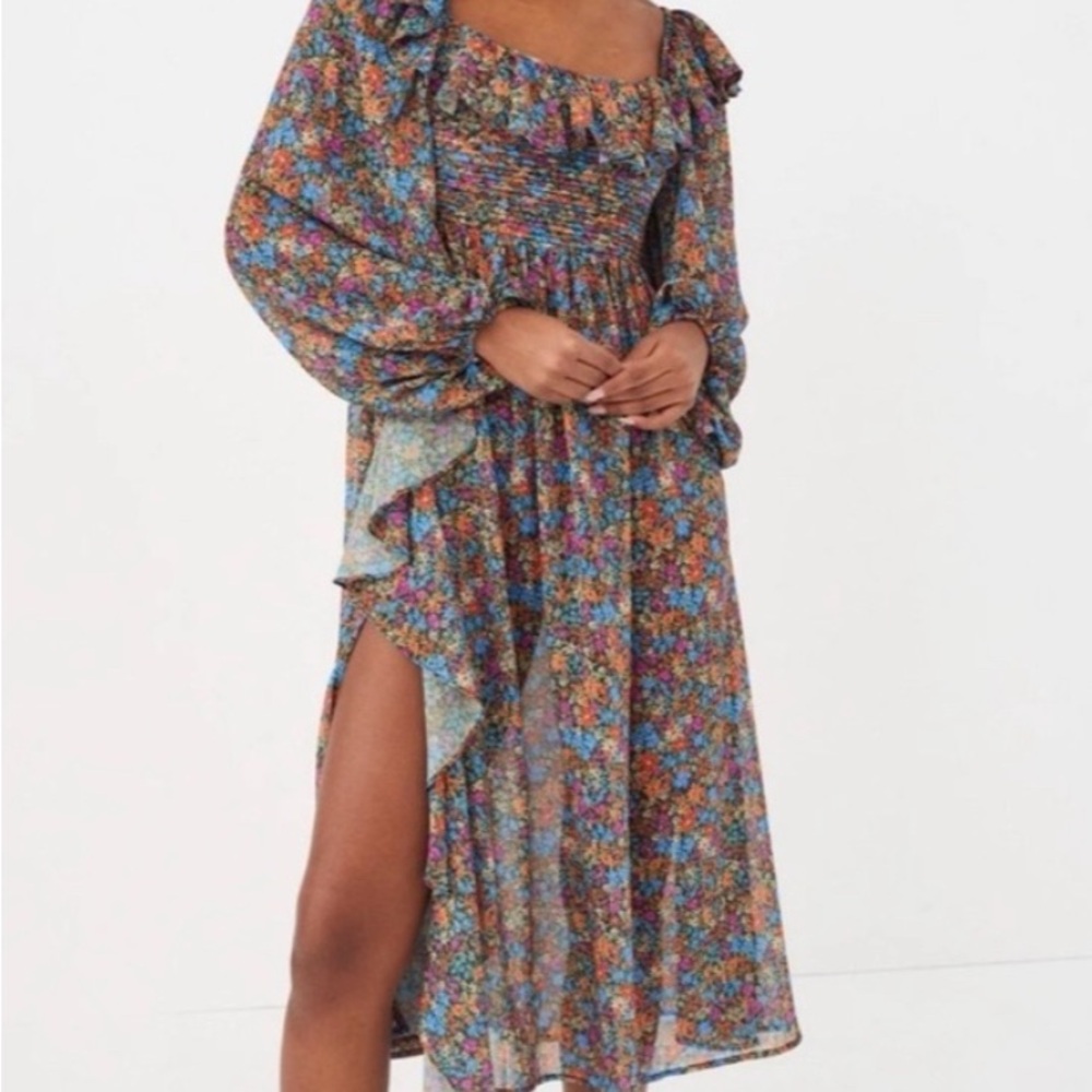 For Love And Lemons Brittany Midi Blue and Orange Off the Shoulder Sundress